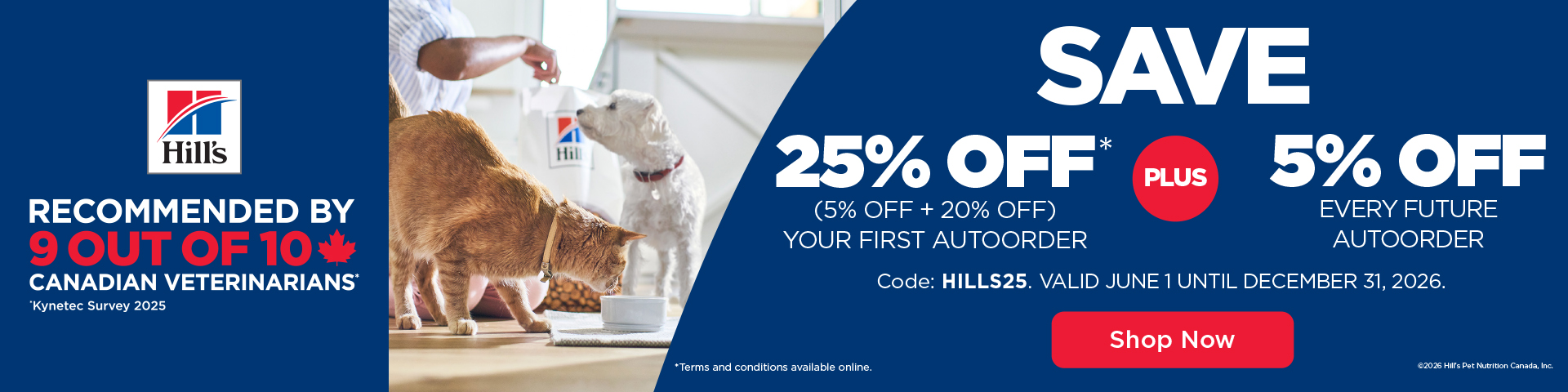Save 20% when you auto order your first Hills Pet Food Order with discount Code