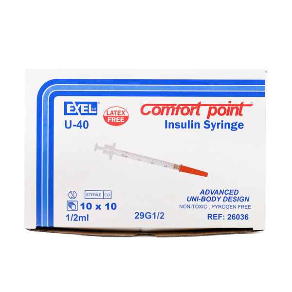 Picture of INSULIN SYRINGE & NEEDLE EXEL 40iu 0.5cc 29g x 1/2in - 100s