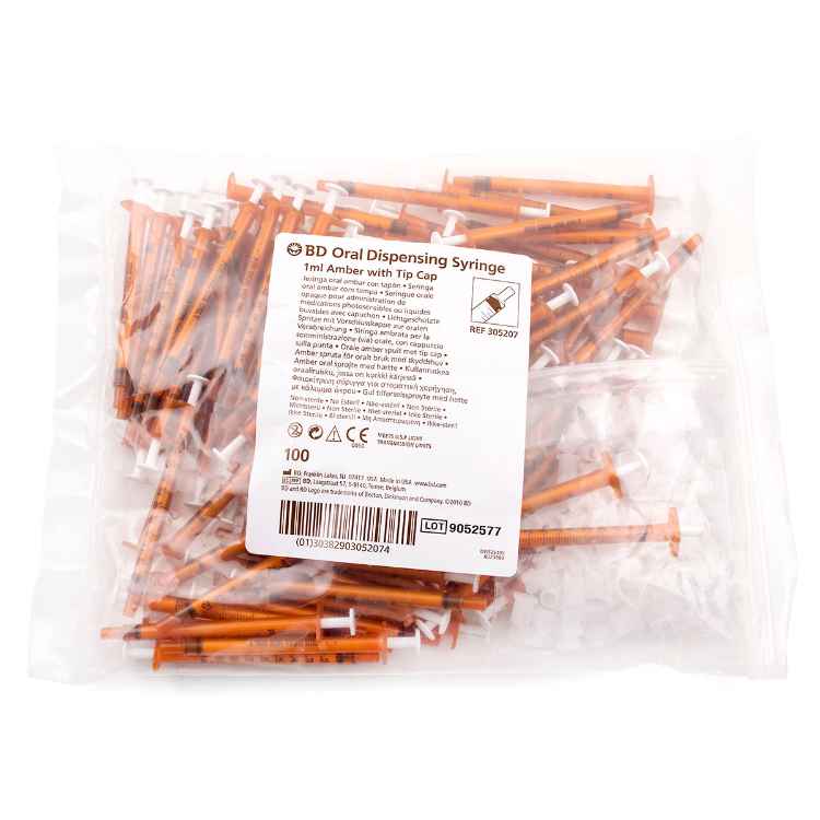 Picture of SYRINGE BD 1cc AMBER ORAL with TIP CAP - 100's