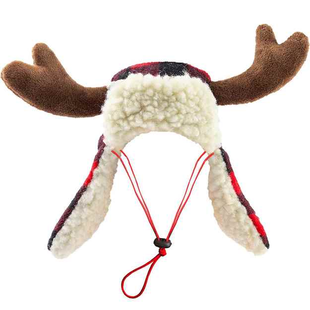 Picture of XMAS HOLIDAY BUFFALO CHECK TRAPPER HAT with ANTLERS (S-L)