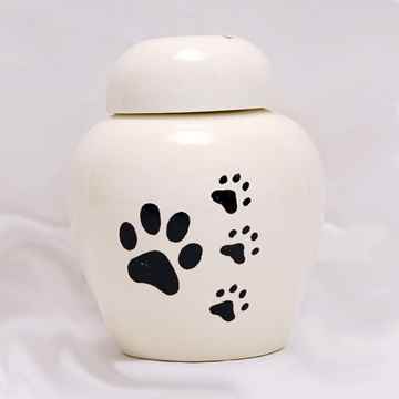 Picture of CREMATION URN CERAMIC WHITE with BIG PAW and 3 SMALL PAWS-Medium