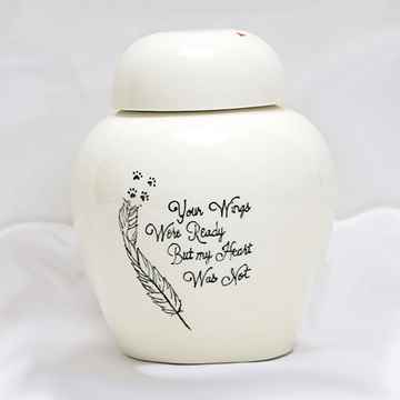 Picture of CREMATION URN CERAMIC WHITE "Wings were ready"with FEATHER and PAW PRINTS - Medium