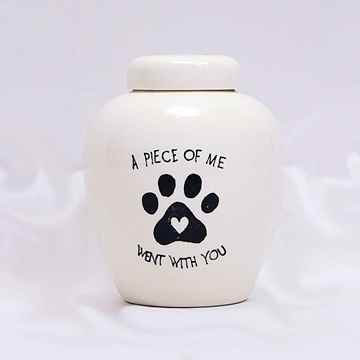 Picture of CREMATION URN CERAMIC WHITE "A piece of me went with you" with PAW PRINT and HEART- X Small
