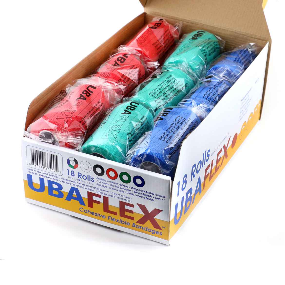 Picture of UBAVET UBAFLEX COHESIVE FLEXIBLE 4in BANDAGE ASST - 18/box