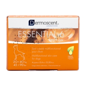 Show details for DERMOSCENT ESSENTIAL 6 SKIN CARE FOR DOGS 20 - 40kg - 4 x .2.4ml Picture of DERMOSCENT ESSENTIAL 6 SKIN CARE FOR DOGS 20 - 40kg - 4 x .2.4ml