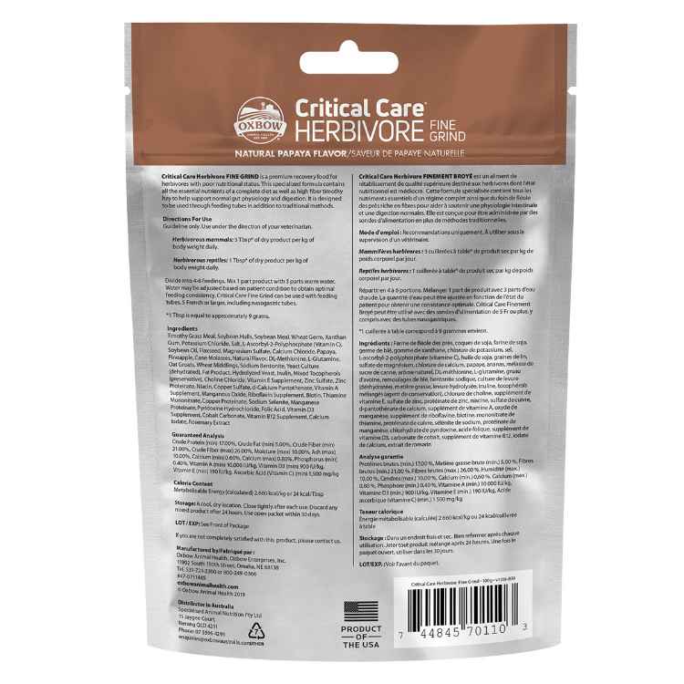 Picture of OXBOW CRITICAL CARE HERBIVORE Fine Grind Papaya Flavour - 3.53oz/100g