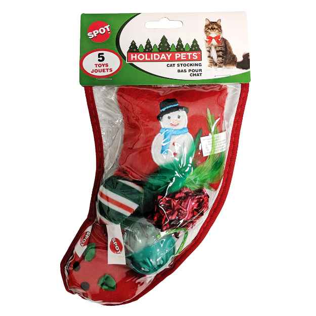 Picture of XMAS HOLIDAY FELINE SPOT CAT STOCKING - 5 ASSORTED TOYS