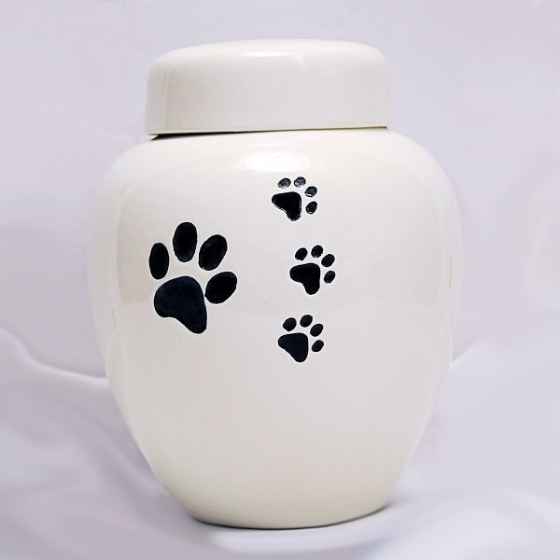 Picture of CREMATION URN CERAMIC WHITE with BIG PAW and 3 SMALL PAWS-Large