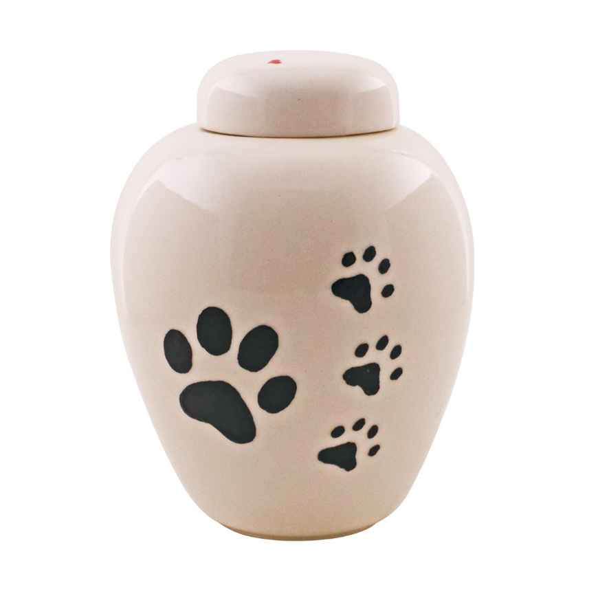 Picture of CREMATION URN CERAMIC WHITE with BIG PAW and 3 SMALL PAWS-Large