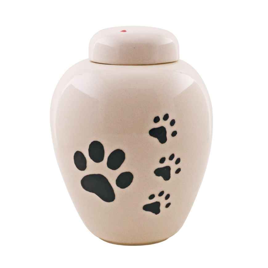 Picture of CREMATION URN CERAMIC WHITE with BIG PAW and 3 SMALL PAWS-Medium