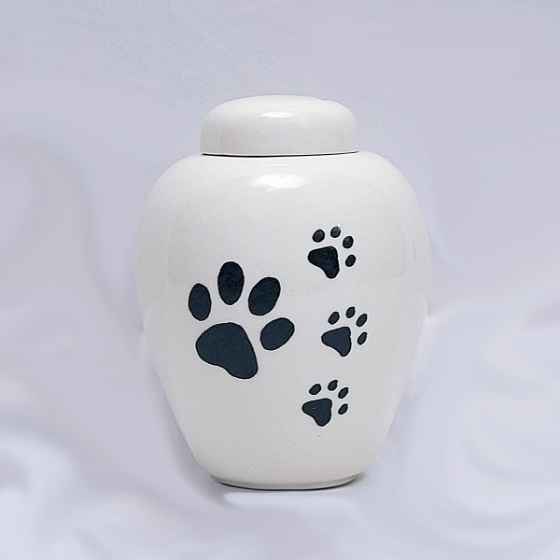 Picture of CREMATION URN CERAMIC WHITE with BIG PAW and 3 SMALL PAWS-Small