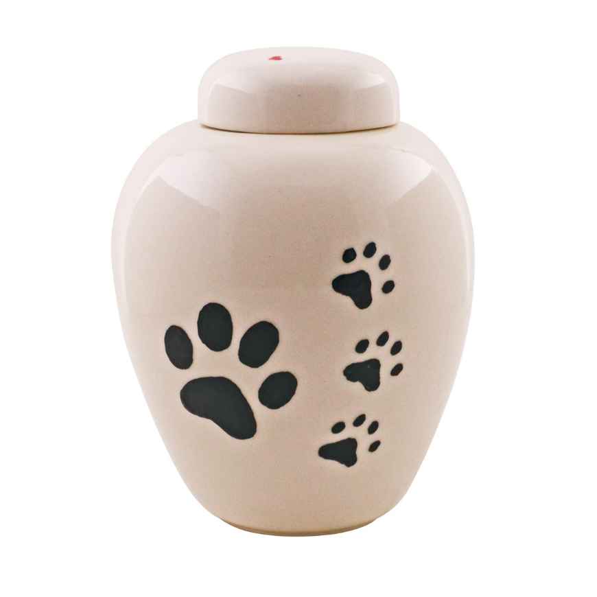 Picture of CREMATION URN CERAMIC WHITE with BIG PAW and 3 SMALL PAWS-Small