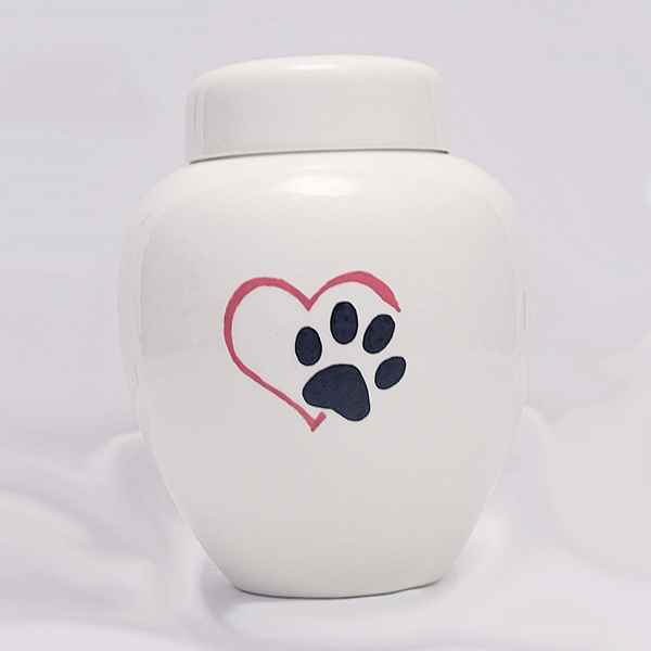 Picture of CREMATION URN CERAMIC WHITE with PAW in HEART - Large