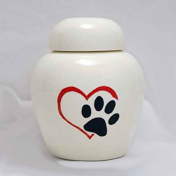 Picture of CREMATION URN CERAMIC WHITE with PAW in HEART - Medium(so)
