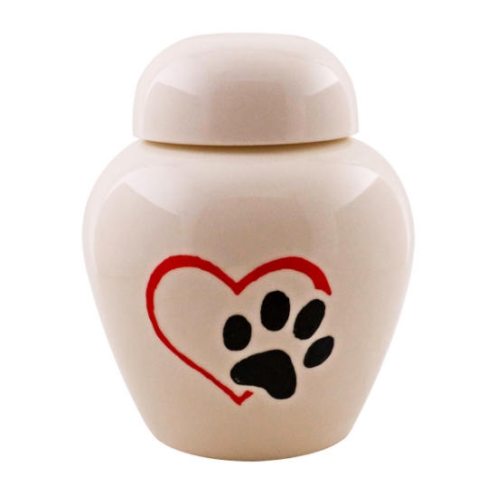 Picture of CREMATION URN CERAMIC WHITE with PAW in HEART - Small