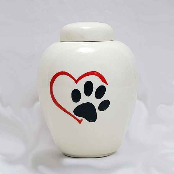 Picture of CREMATION URN CERAMIC WHITE with PAW in HEART - Small