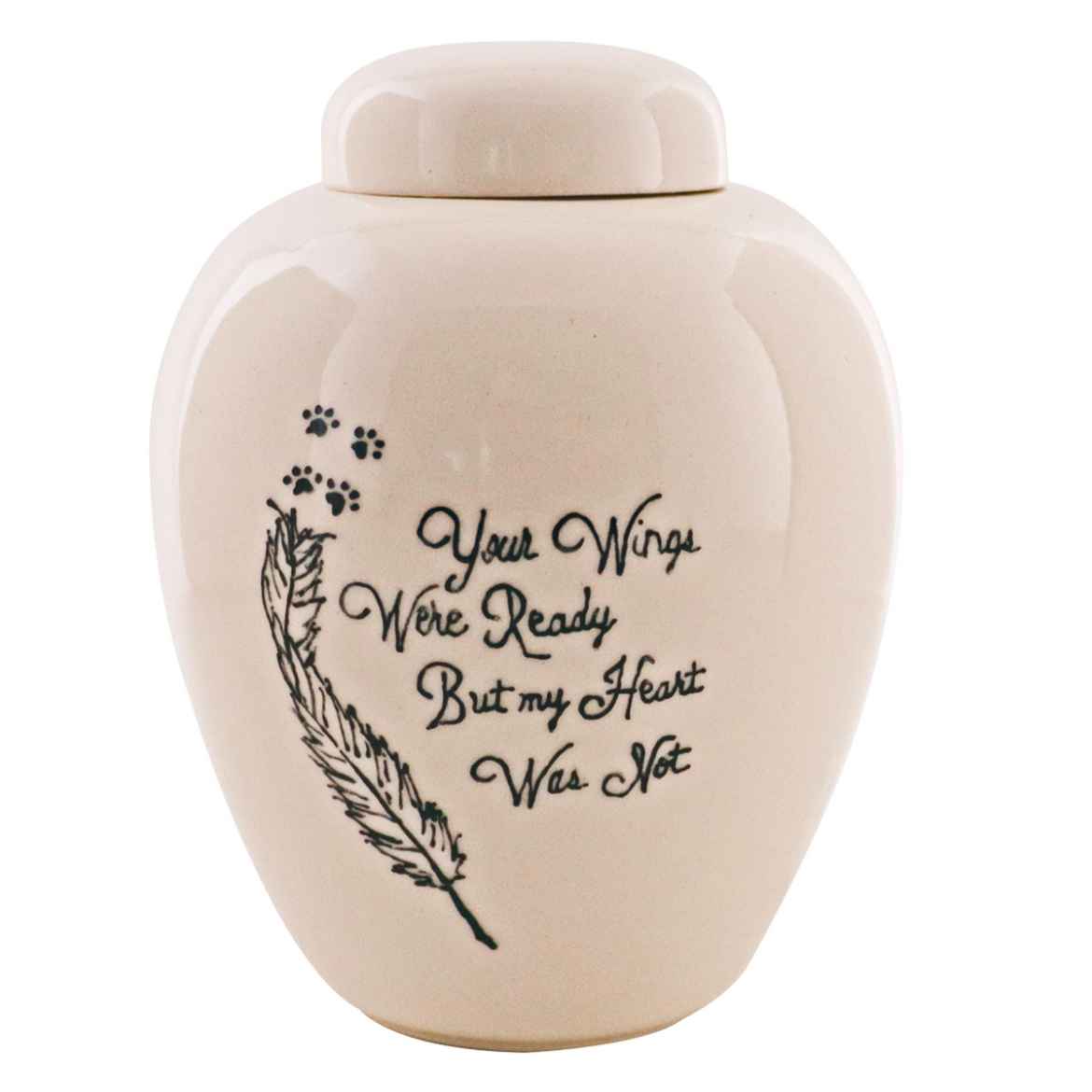 Picture of CREMATION URN CERAMIC WHITE "Wings were ready"with FEATHER and PAW PRINTS - Large