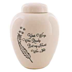 Show details for CREMATION URN CERAMIC WHITE "Wings were ready"with FEATHER and PAW PRINTS - Large Picture of CREMATION URN CERAMIC WHITE "Wings were ready"with FEATHER and PAW PRINTS - Large