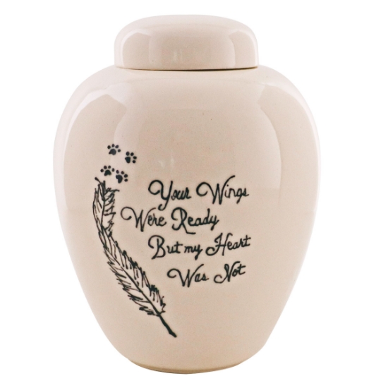 Picture of CREMATION URN CERAMIC WHITE "Wings were ready"with FEATHER and PAW PRINTS - Large