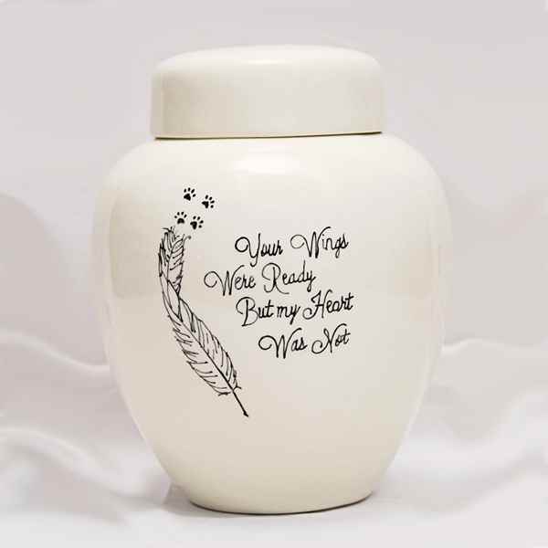 Picture of CREMATION URN CERAMIC WHITE "Wings were ready"with FEATHER and PAW PRINTS - Large
