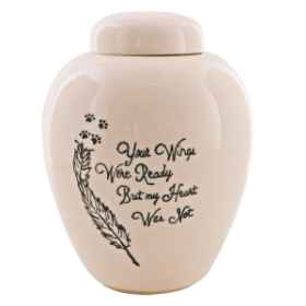 Show details for CREMATION URN CERAMIC WHITE "Wings were ready"with FEATHER and PAW PRINTS - Medium Picture of CREMATION URN CERAMIC WHITE "Wings were ready"with FEATHER and PAW PRINTS - Medium