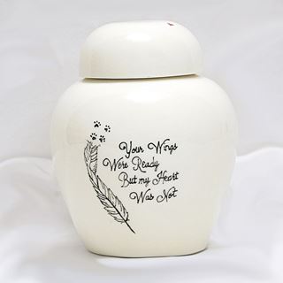 Picture of CREMATION URN CERAMIC WHITE "Wings were ready"with FEATHER and PAW PRINTS - Medium