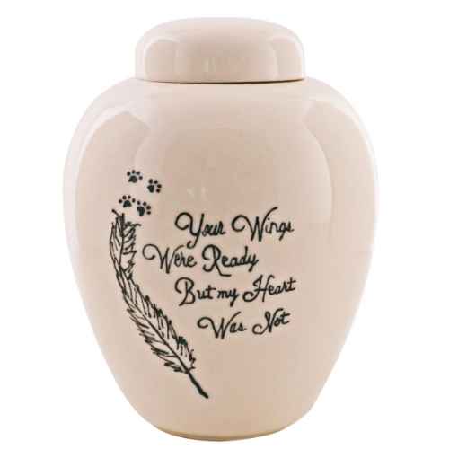 Picture of CREMATION URN CERAMIC WHITE "Wings were ready"with FEATHER and PAW PRINTS - Medium