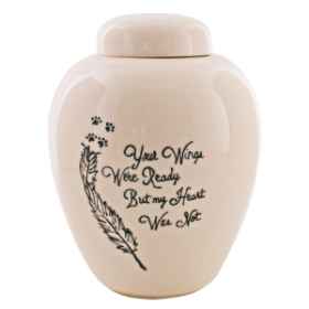 Show details for CREMATION URN CERAMIC WHITE "Wings were ready"with FEATHER and PAW PRINTS - Small Picture of CREMATION URN CERAMIC WHITE "Wings were ready"with FEATHER and PAW PRINTS - Small