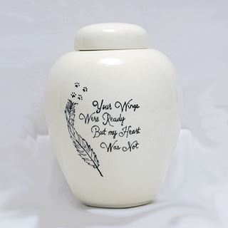 Picture of CREMATION URN CERAMIC WHITE "Wings were ready"with FEATHER and PAW PRINTS - Small