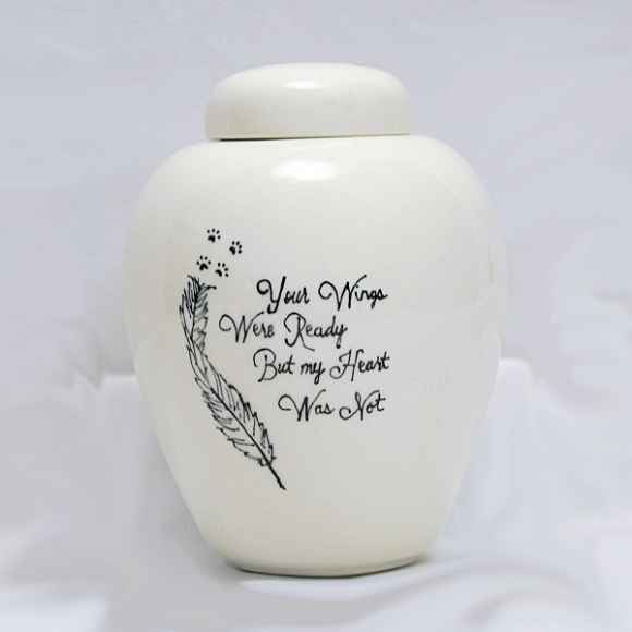 Picture of CREMATION URN CERAMIC WHITE "Wings were ready"with FEATHER and PAW PRINTS - Small