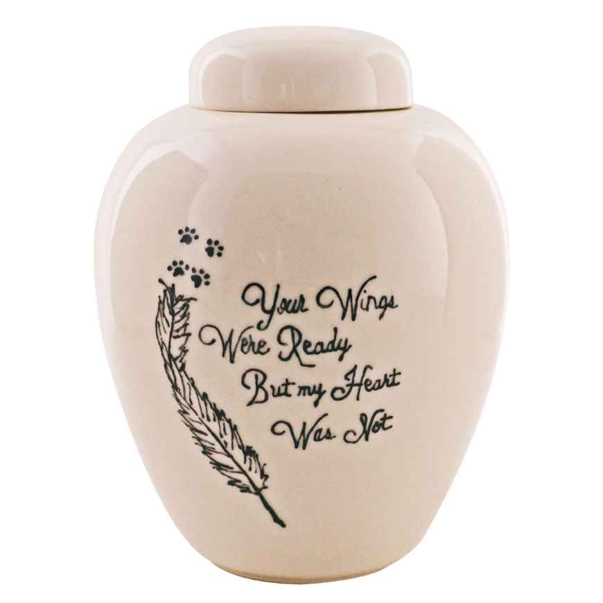 Picture of CREMATION URN CERAMIC WHITE "Wings were ready"with FEATHER and PAW PRINTS - Small