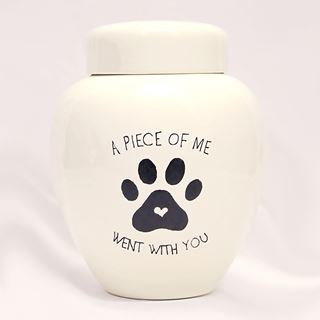 Picture of CREMATION URN CERAMIC WHITE "A piece of me went with you" with PAW PRINT and HEART- Large