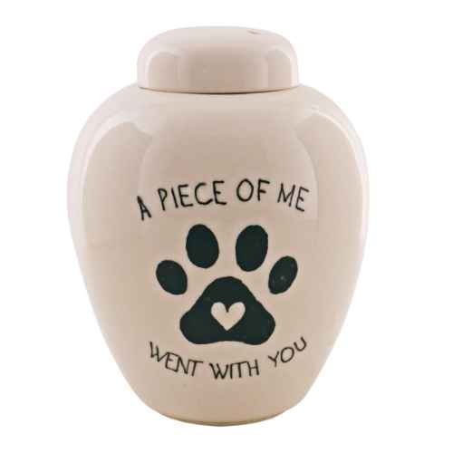 Picture of CREMATION URN CERAMIC WHITE "A piece of me went with you" with PAW PRINT and HEART- Large