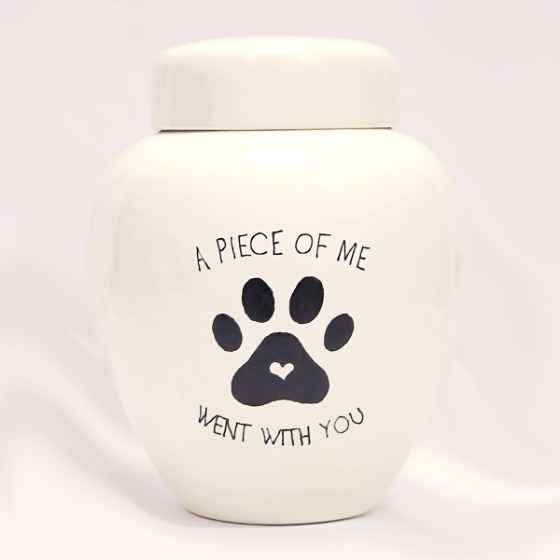 Picture of CREMATION URN CERAMIC WHITE "A piece of me went with you" with PAW PRINT and HEART- Large