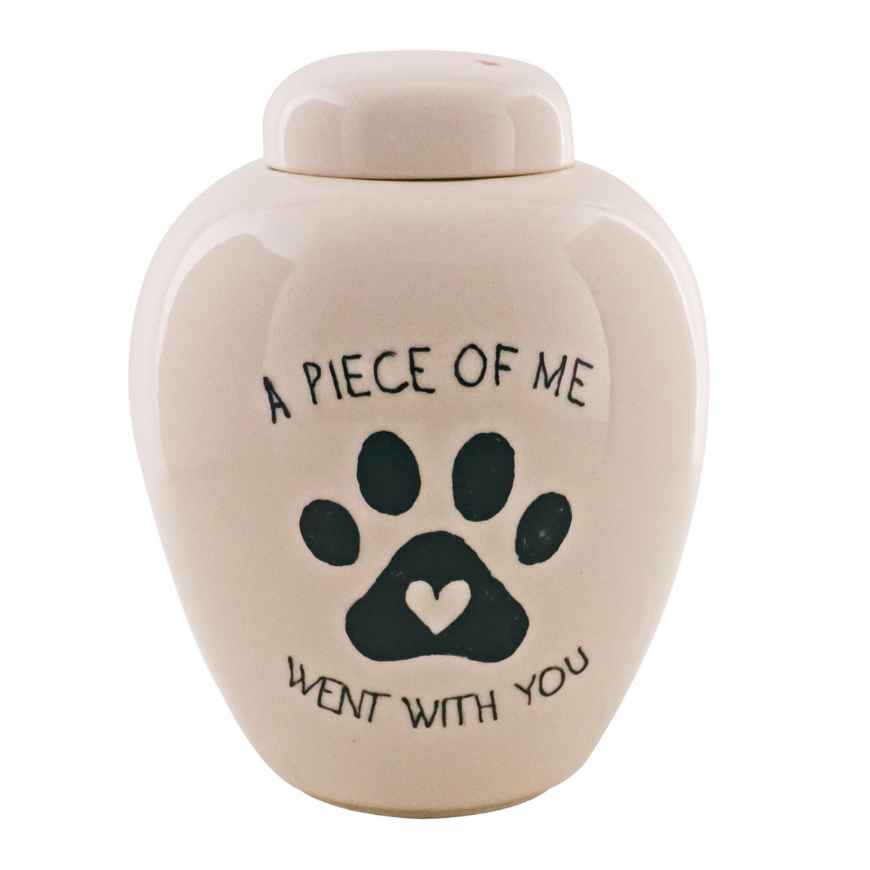 Picture of CREMATION URN CERAMIC WHITE "A piece of me went with you" with PAW PRINT and HEART- Large