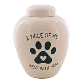 Show details for CREMATION URN CERAMIC WHITE "A piece of me went with you" with PAW PRINT and HEART- Medium Picture of CREMATION URN CERAMIC WHITE "A piece of me went with you" with PAW PRINT and HEART- Medium