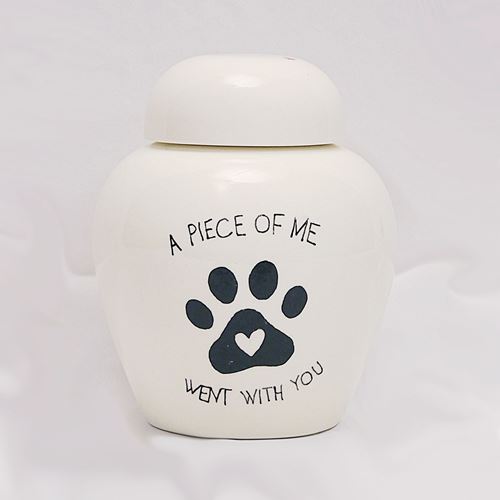 Picture of CREMATION URN CERAMIC WHITE "A piece of me went with you" with PAW PRINT and HEART- Medium