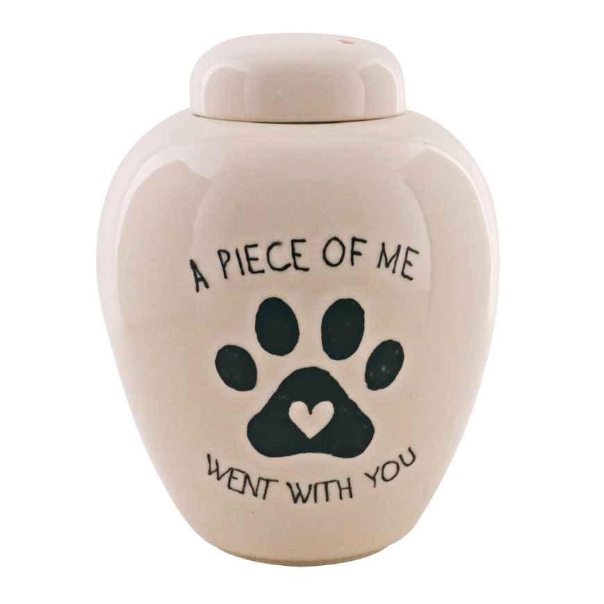 Picture of CREMATION URN CERAMIC WHITE "A piece of me went with you" with PAW PRINT and HEART- Medium