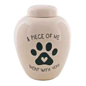 Show details for CREMATION URN CERAMIC WHITE "A piece of me went with you" with PAW PRINT and HEART- Small Picture of CREMATION URN CERAMIC WHITE "A piece of me went with you" with PAW PRINT and HEART- Small