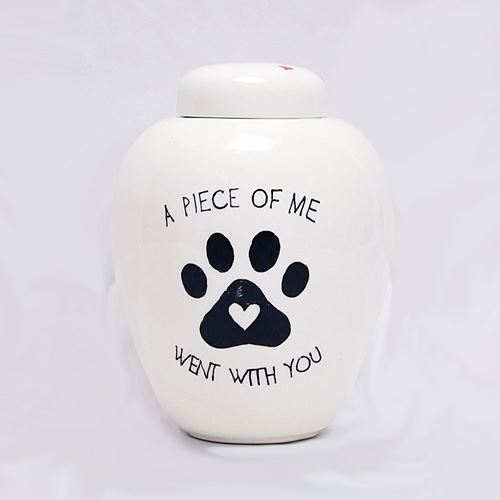 Picture of CREMATION URN CERAMIC WHITE "A piece of me went with you" with PAW PRINT and HEART- Small