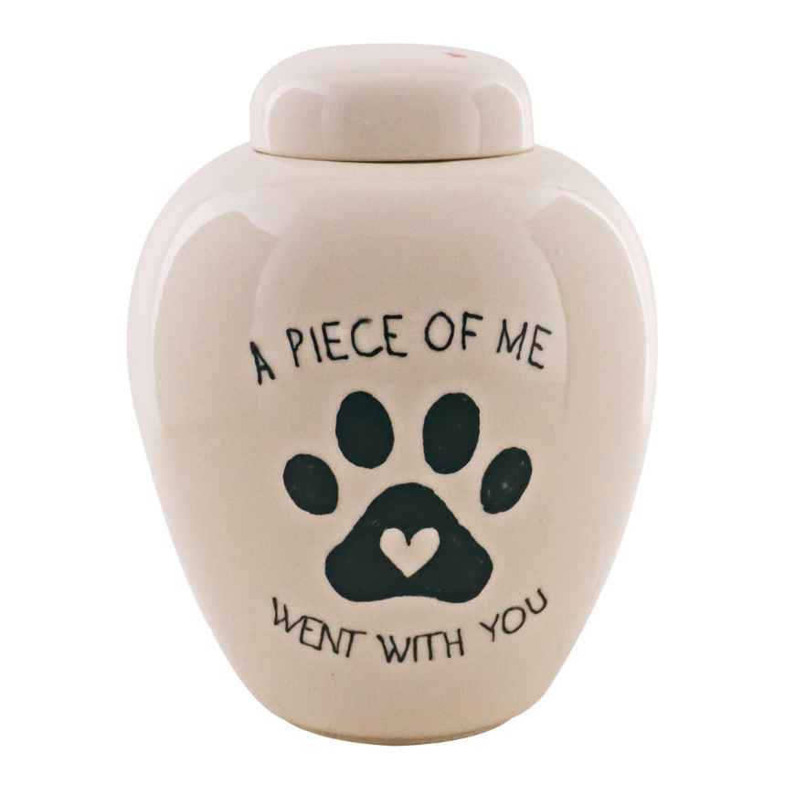 Picture of CREMATION URN CERAMIC WHITE "A piece of me went with you" with PAW PRINT and HEART- Small
