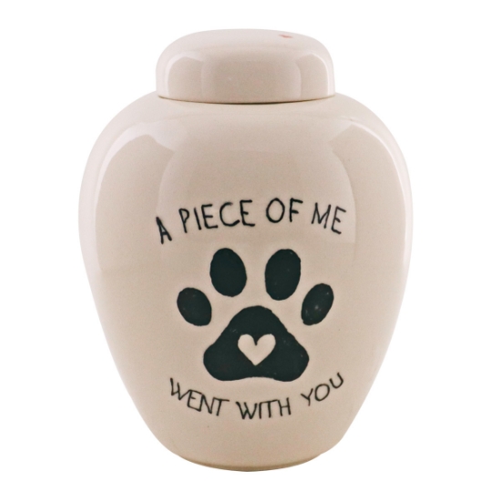 Picture of CREMATION URN CERAMIC WHITE "A piece of me went with you" with PAW PRINT and HEART- X Small