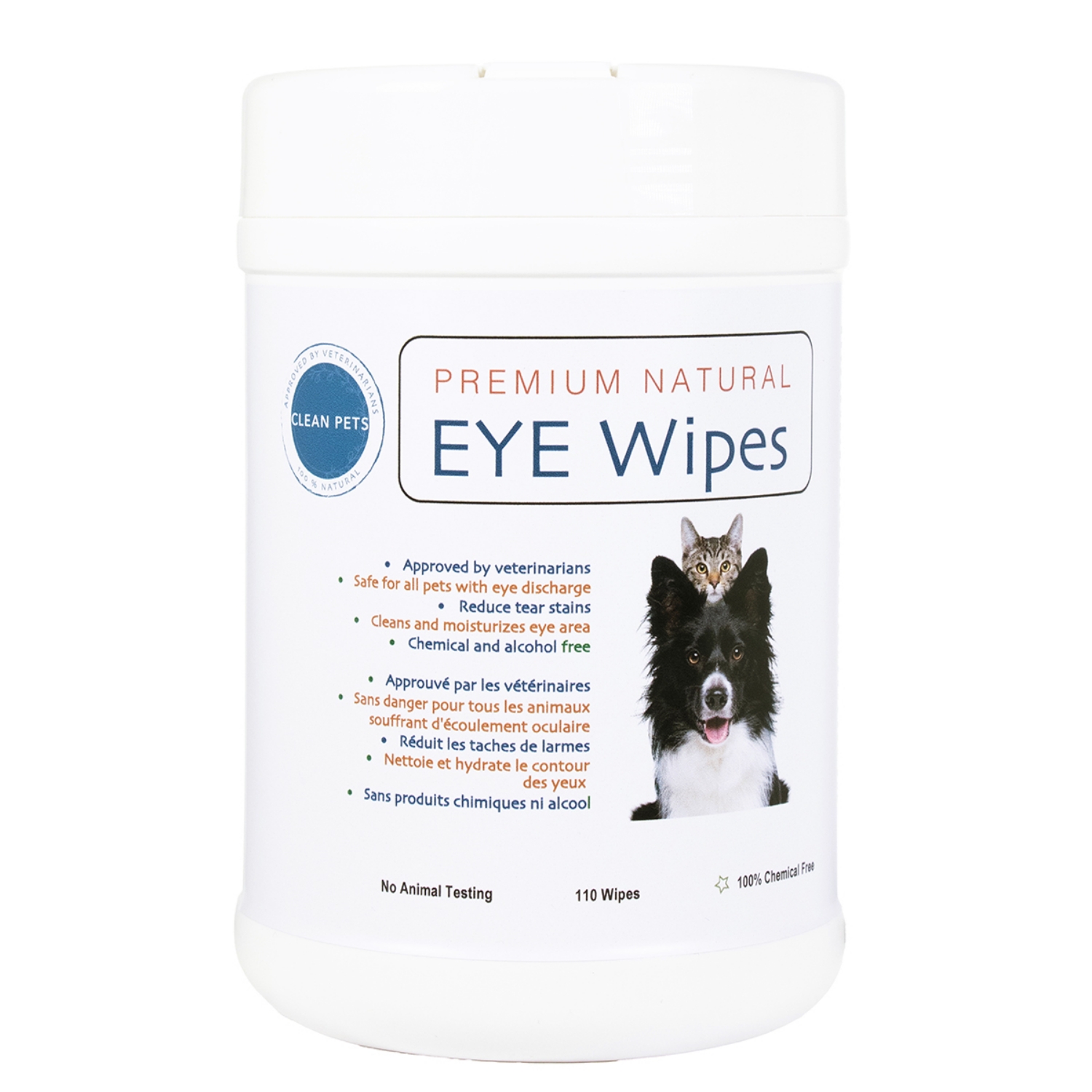 Picture of CLEAN PETS Premium Natural Tear Stain Eye Wipes | Dog & Cats - 110/cannister