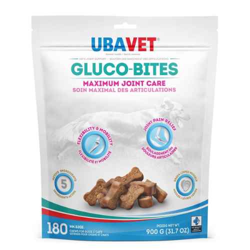 UBAVET Gluco-Bites Joint Care Soft Chews - 180 chews, a supplement for dogs that promotes healthy joints, contains natural ingredients such as glucosamine and chondroitin.