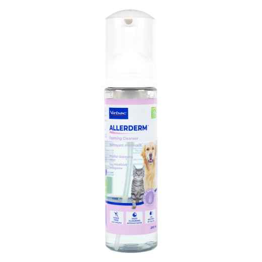 Allerderm no-rinse foaming shampoo for pets. 200 mL bottle, for dogs and cats.  