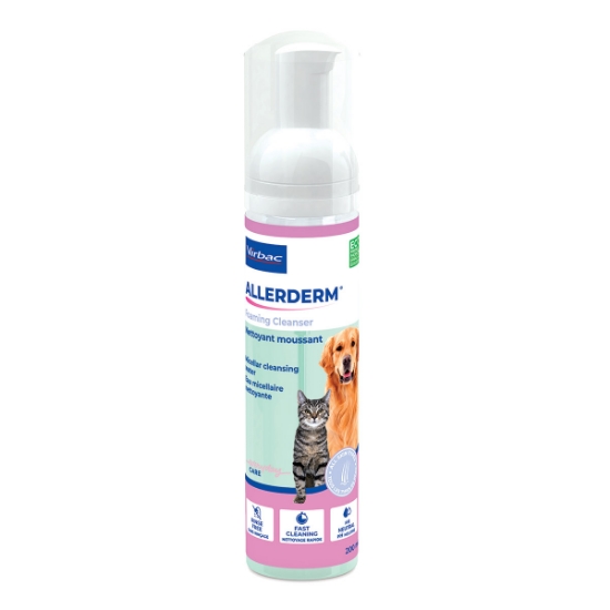 Allerderm no-rinse foaming shampoo for pets. 200 mL bottle, for dogs and cats.  