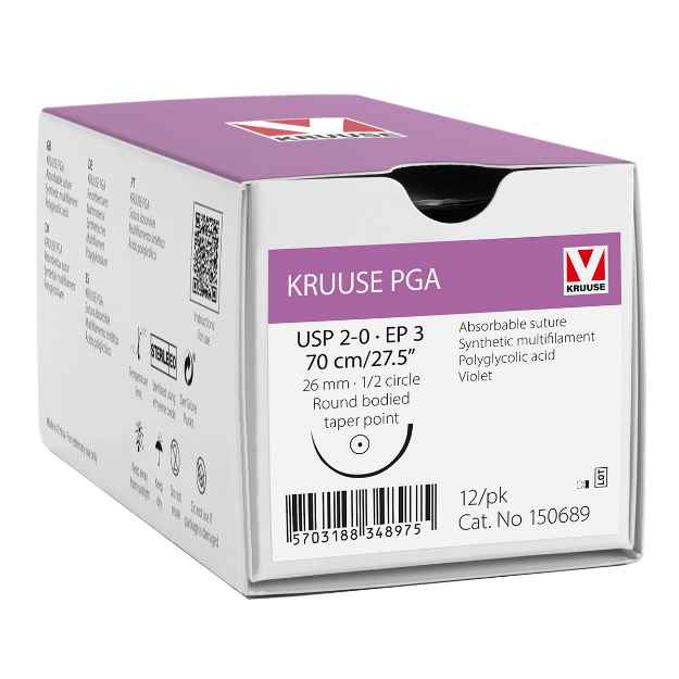 Picture of PGA SUTURE Kruuse  2/0 - 1/2 circle RB TP 26mm Ndl Violet  70 cm - 12/box