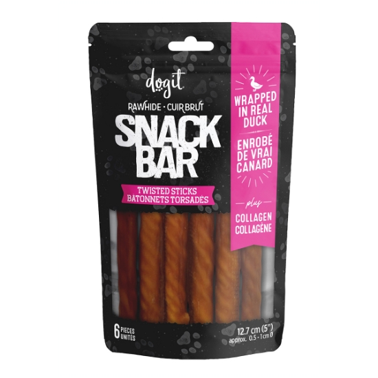 Picture of TREAT CANINE DOGIT SNACK BAR DUCK WRAPPED BEEFHIDE & COLLAGEN TWISTED STICKS - 6/pk