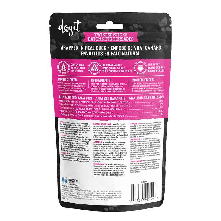 Picture of TREAT CANINE DOGIT SNACK BAR DUCK WRAPPED BEEFHIDE & COLLAGEN TWISTED STICKS - 6/pk