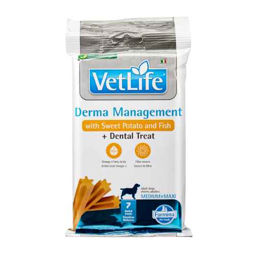 Picture of TREAT CANINE VETLIFE Derma Management + Dental Sweet Potato & Fish Med/Maxi - 100g(short dated)(so)